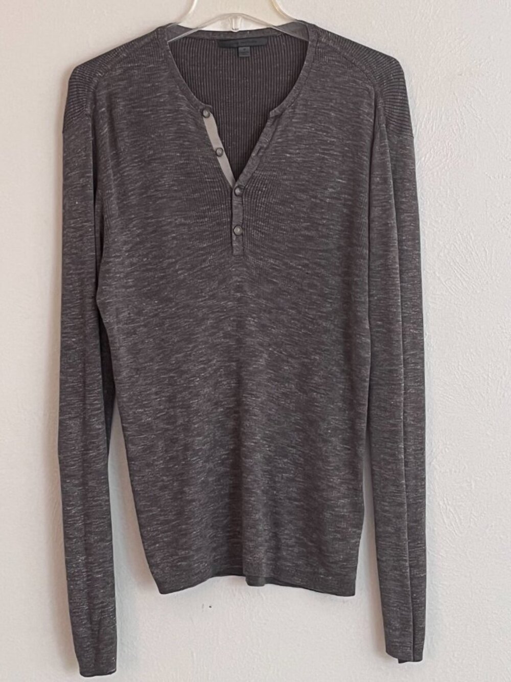 John Varvatos Men's Gray Cotton Silk Long Sleeve Henley M Minimalist Luxury